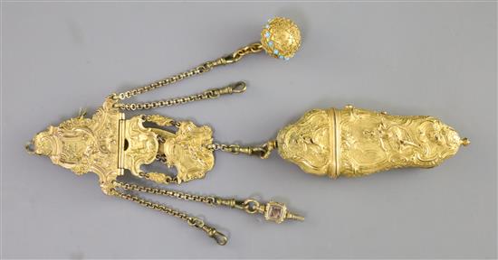 An 18th century English rococo gilt metal chatelaine, with etui, key and ball pendant